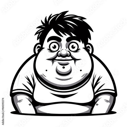 Black and white vector illustration of a chubby man with a happy expression in cartoon style.