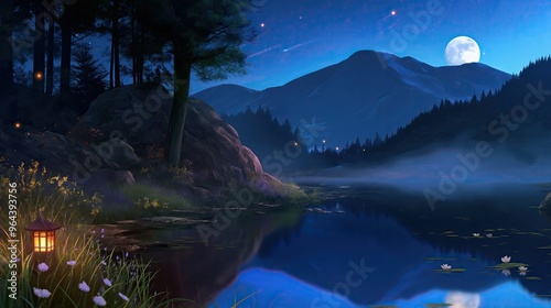 Tranquil Nighttime Anime Landscape With Mountains and Full Moon