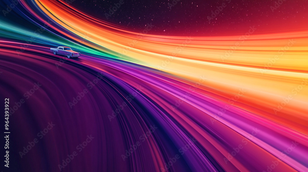 Φωτογραφία a classic car driving over Saturn's rings abstract detailed beautiful rainbow-co