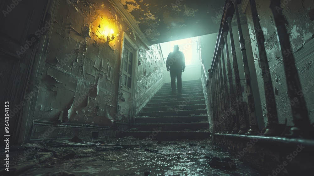 A lone figure ascends a dilapidated, eerie staircase in an abandoned building, casting a mysterious silhouette amid peeling walls and decaying surroundings A lone figure ascends a dilapidated, eerie staircase in an abandoned building, casting a mysterious silhouette amid peeling walls and decaying surroundings