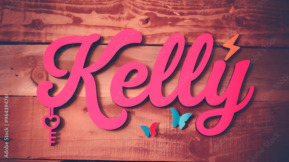 Fototapeta premium pink typography of girls name Kelly with decorative elements on wooden backdrop