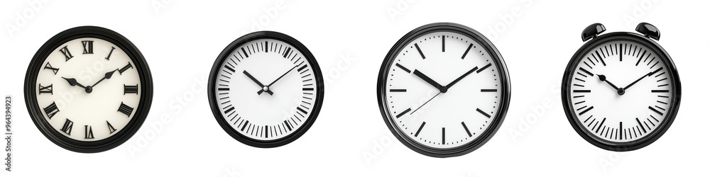 A collection of four distinct clocks, showcasing elegant designs and varying styles, perfect for home decor or time management themes. isolated on a transparent background A collection of four distinct clocks, showcasing elegant designs and varying styles, perfect for home decor or time management themes. isolated on a transparent background