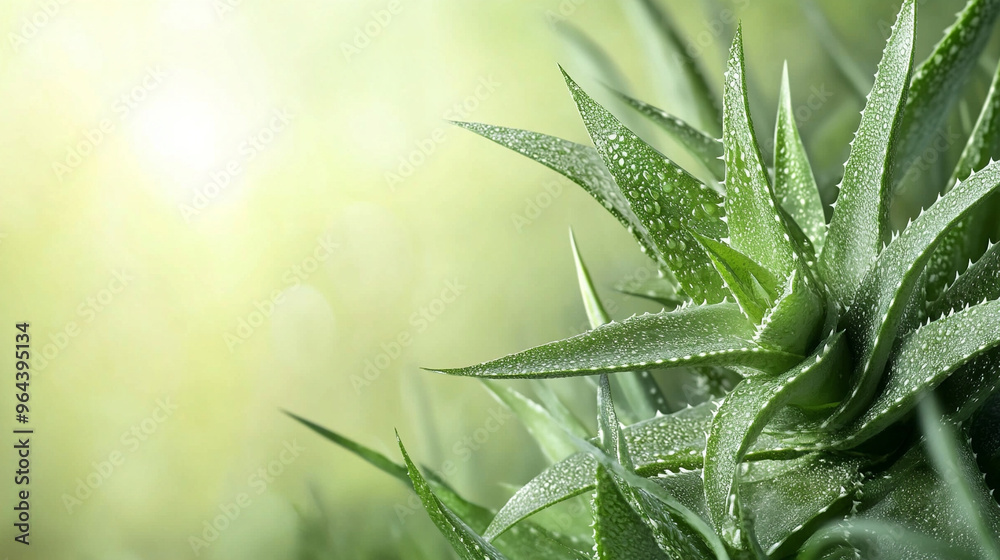 Fototapeta premium Aloe, aloe vera, light green background, realistic photo, editorial design