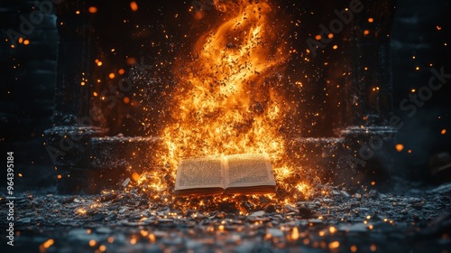 A letter burning in a fireplace, releasing ashes into the air, [finality], [closure through destruction], 3D illustration photo