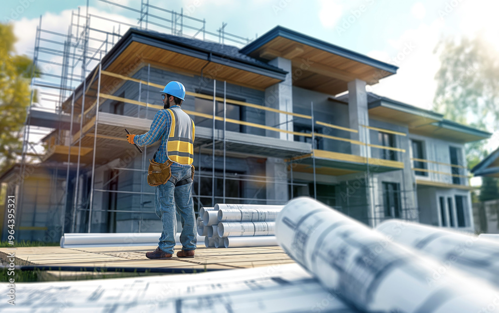 engineer at build site 3d blueprint house engineer at build site 3d blueprint house