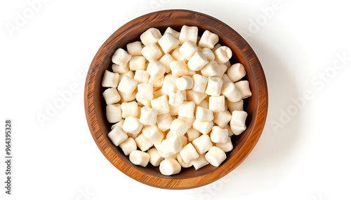 Marshmallow in wooden bowl isolated on white background with clipping path and full depth of field. Top view. Flat lay