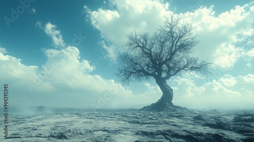 An old, withered tree standing alone in a vast empty field, [endurance], [loneliness over time], 3D illustration photo