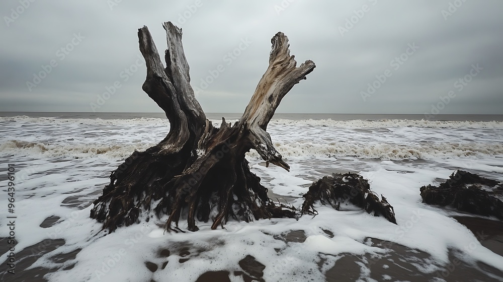 Weathered Tree Trunk on a Foamy Seashore Weathered Tree Trunk on a Foamy Seashore
