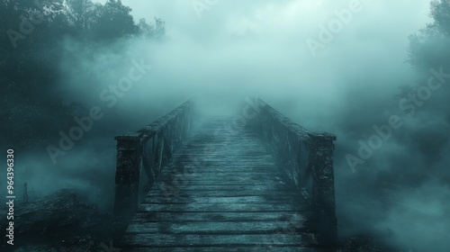 A fog-covered bridge with no visible end in sight, [uncertainty], [crossing into the unknown], 3D illustration