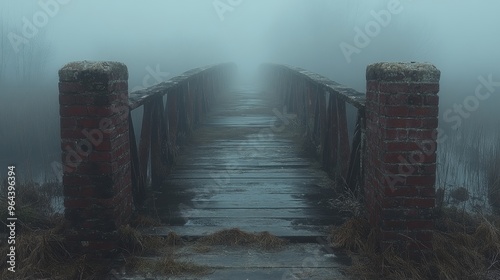 A fog-covered bridge with no visible end in sight, [uncertainty], [crossing into the unknown], 3D illustration