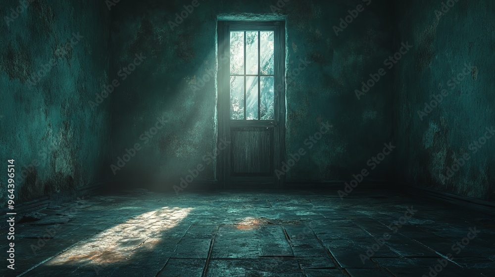 Obraz premium A dark room illuminated only by the light from a cracked door, [escape], [yearning for release from sorrow], 3D illustration