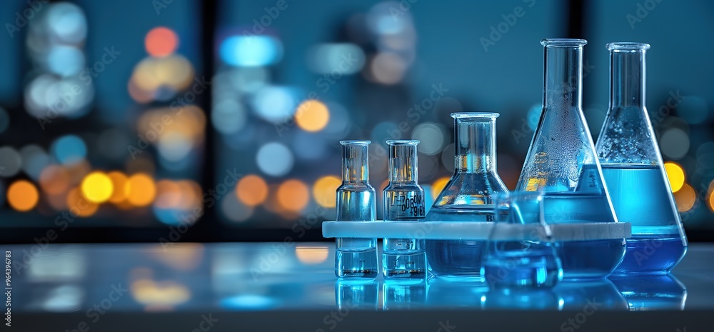 A collection of beakers with blue liquid on a table in a laboratory setting. The background shows an out of focus city skyline. A collection of beakers with blue liquid on a table in a laboratory setting. The background shows an out of focus city skyline.