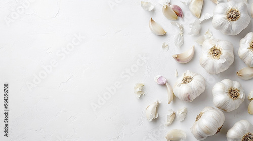 flat lay with Garlic , hight quality, stock photo, white background, top view