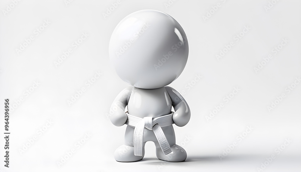 Humanoid character holding a karate belt, standing upright in a glossy 3D rendering against a plain white background. Humanoid character holding a karate belt, standing upright in a glossy 3D rendering against a plain white background.