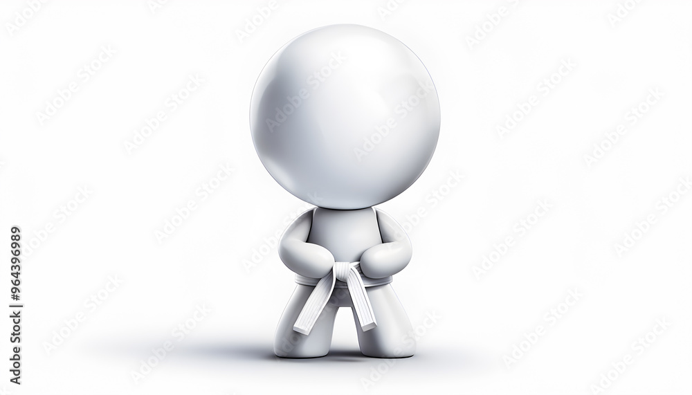 Humanoid character holding a karate belt, standing upright in a glossy 3D rendering against a plain white background. Humanoid character holding a karate belt, standing upright in a glossy 3D rendering against a plain white background.