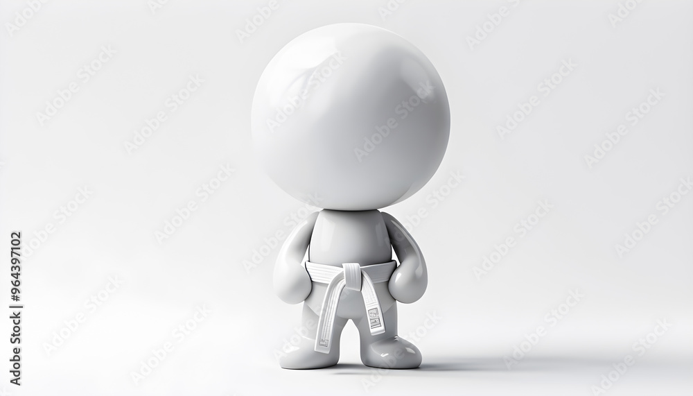 Humanoid character holding a karate belt, standing upright in a glossy 3D rendering against a plain white background. Humanoid character holding a karate belt, standing upright in a glossy 3D rendering against a plain white background.