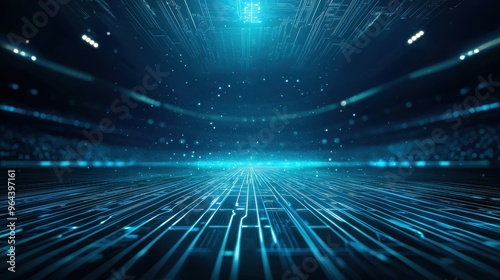 Futuristic holographic football field, cutting-edge tech trend in sports