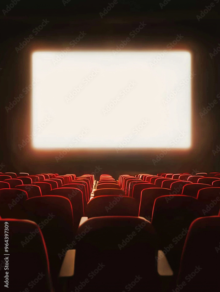 Fototapeta premium A glowing large screen in the center of the picture, with a row of red seats in front of the screen