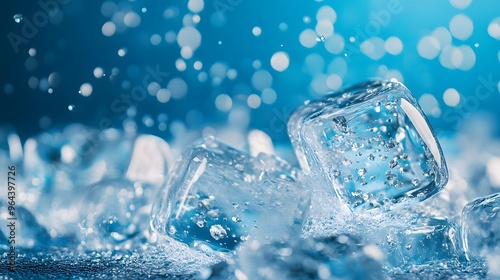 Bright ice cubes, crystal clear, melting droplets, vibrant blue background, intense bokeh effect, copy space, macro photography, high resolution, sharp focus on ice, shallow depth of field.