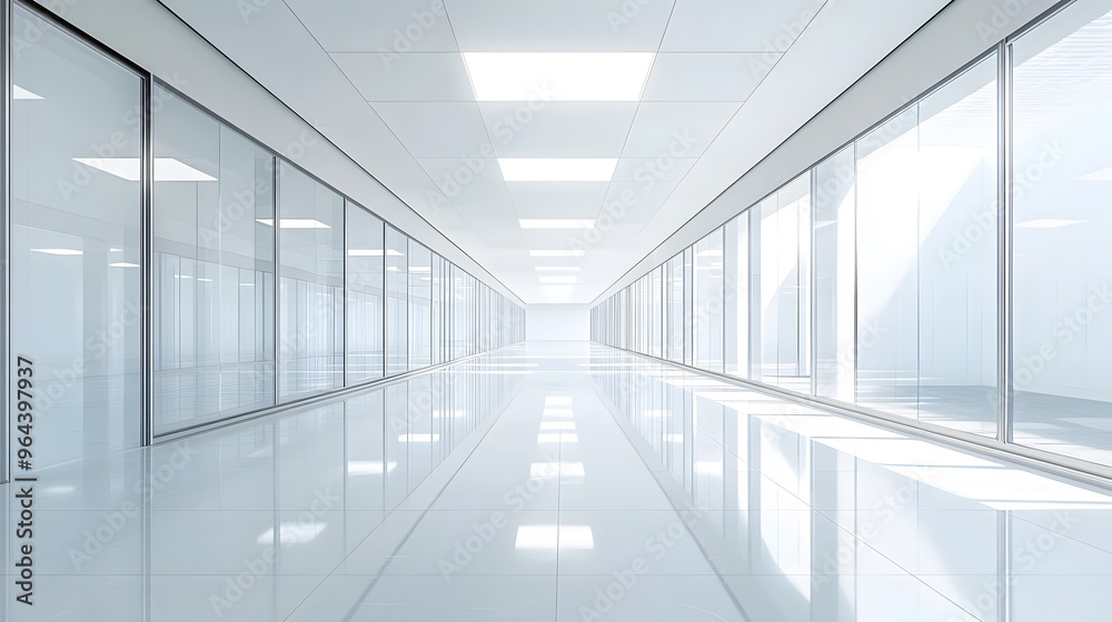 Fototapeta premium Bright modern office corridor, sleek glass walls, sunlit interior, clean minimalist design, polished floor, symmetrical perspective, corporate architecture, professional workspace.