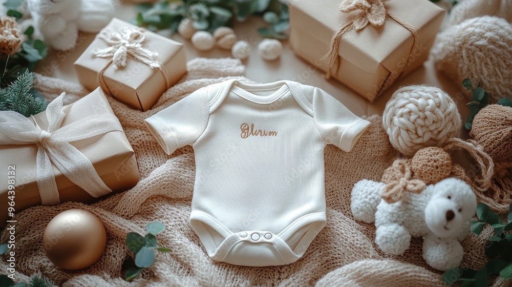 longest shot of Custom-embroidered baby onesie with name, adorable gift packaging, 3D illustration, on simple background