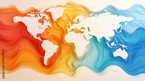 Climate change map, colorful gradients showing temperature shifts, 3D illustration