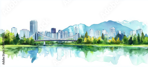 Watercolor Painting of Vancouver Canada City Skyline on white background
