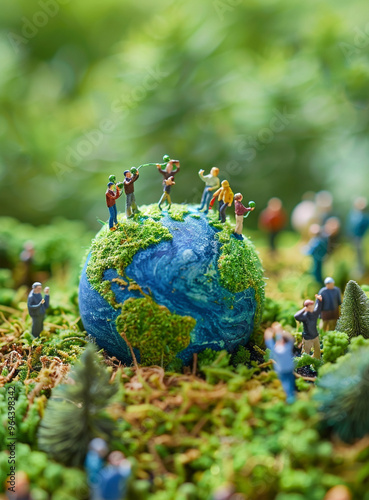 Scale model of a miniature scene representing In the scene we see people holding up planet Earth photo