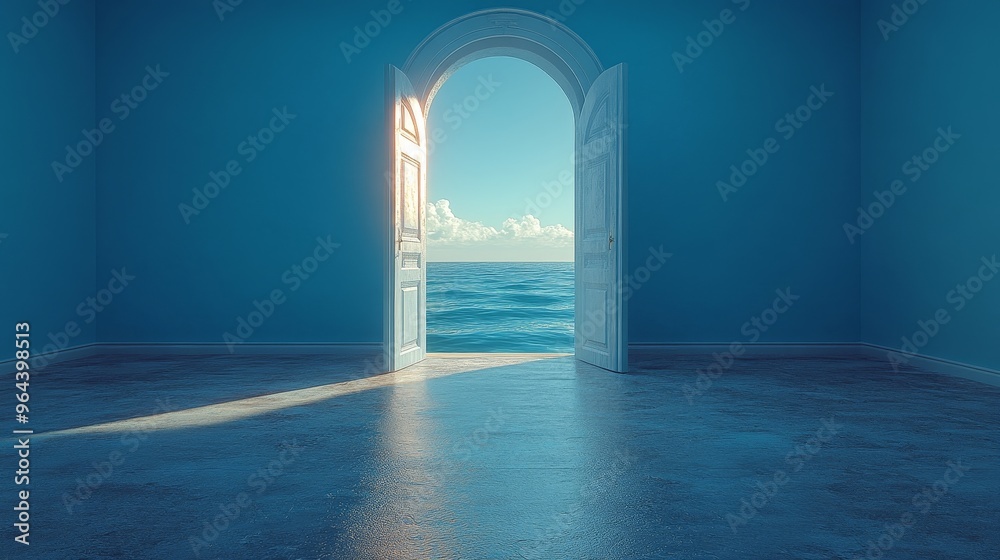 Open door leading to a bright, new world, symbolizing a fresh start, 3D illustration Open door leading to a bright, new world, symbolizing a fresh start, 3D illustration