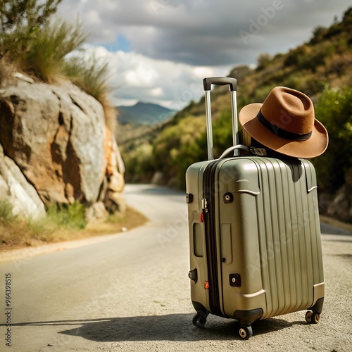suitcase on the road, Travel adventure with baggage