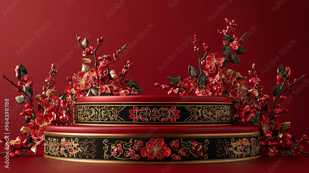 Obraz premium Elegant Red Chinese New Year Podium with Lanterns and Gold Decorative Elements