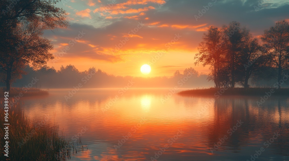 Sunrise reflected in a calm lake, symbolizing the beauty of new beginnings, 3D illustration Sunrise reflected in a calm lake, symbolizing the beauty of new beginnings, 3D illustration