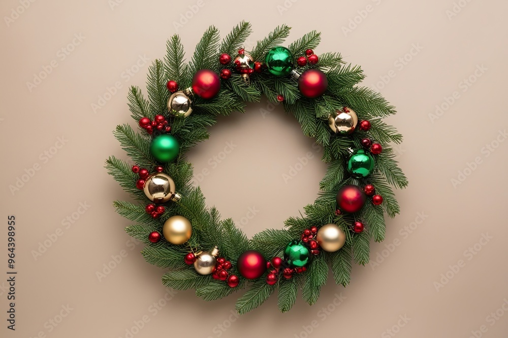 Decorative Holiday Wreath and Christmas Bulb on Neutral Background for Festive Home Decor Decorative Holiday Wreath and Christmas Bulb on Neutral Background for Festive Home Decor