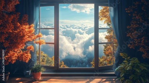 Open window with a breeze blowing in, symbolizing fresh air and new opportunities, 3D illustration