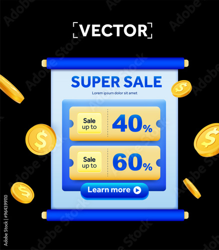 3d super sale coupons on a scroll, with golden coins flying around, isolated on dark background. Gift voucher for discount, sale off event banner template. 3d coupon book vector illustration. Vector