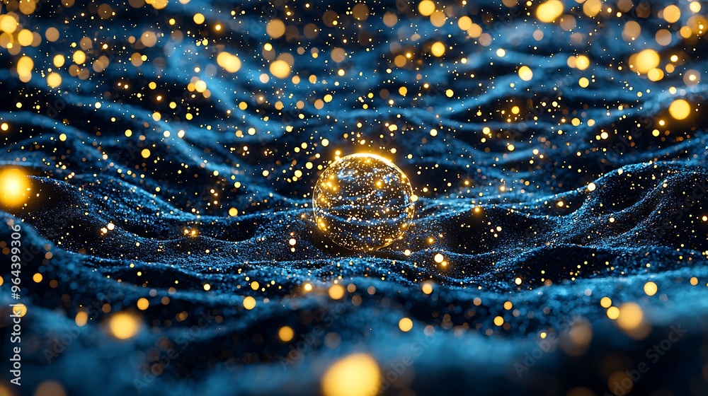 A blue and gold sphere floats amidst a sea of glowing bokeh, an abstract play of light and form. A blue and gold sphere floats amidst a sea of glowing bokeh, an abstract play of light and form.
