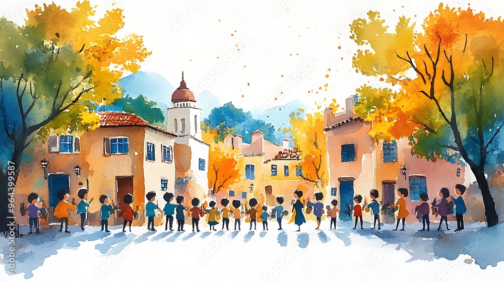 Watercolor painting of a charming village square with children and autumn trees. Watercolor painting of a charming village square with children and autumn trees.