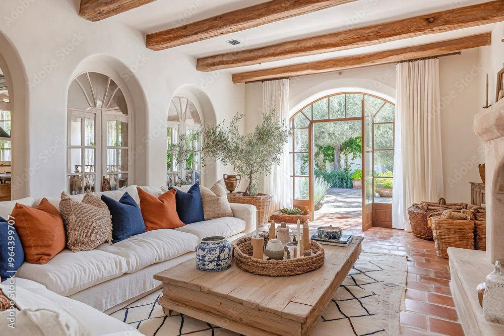 Fototapeta premium Interior of a residential living room. White sofa and cushion, with arched windows, interior of a Mediterranean house with tables and pots and pottery. Generative AI