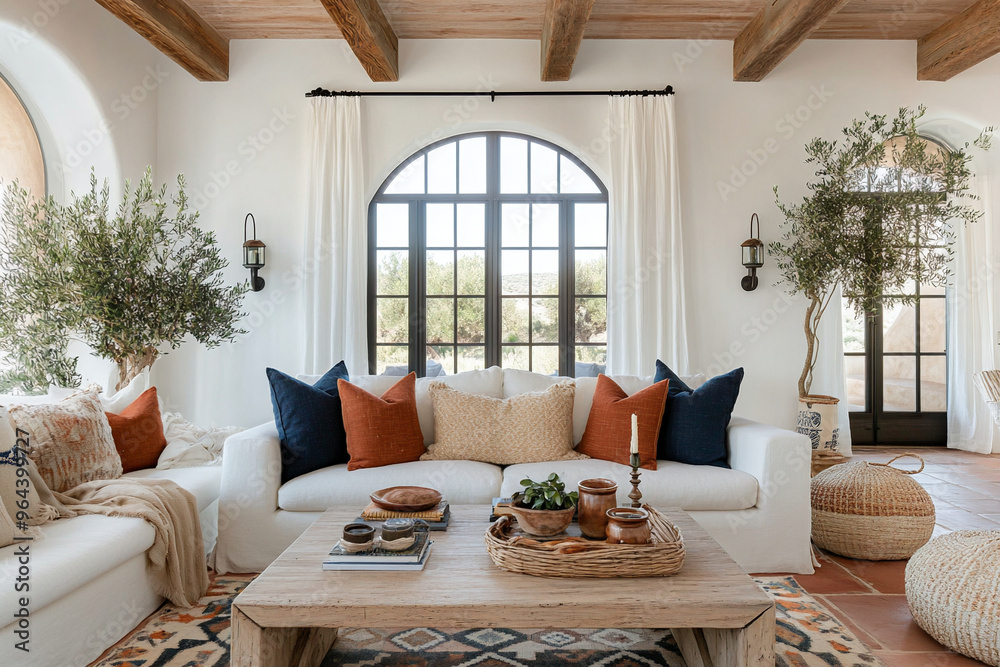 Fototapeta premium Interior of a residential living room. White sofa and cushion, with arched windows, interior of a Mediterranean house with tables and pots and pottery. Generative AI 