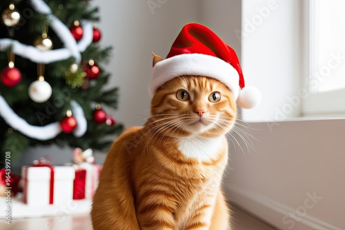 Charming Orange Cat in Christmas Hat on White Background