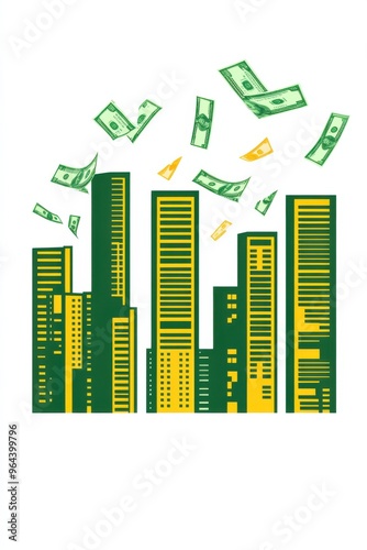 Vibrant green and yellow cityscape illustration with floating dollar bills signifying economic growth and urban prosperity