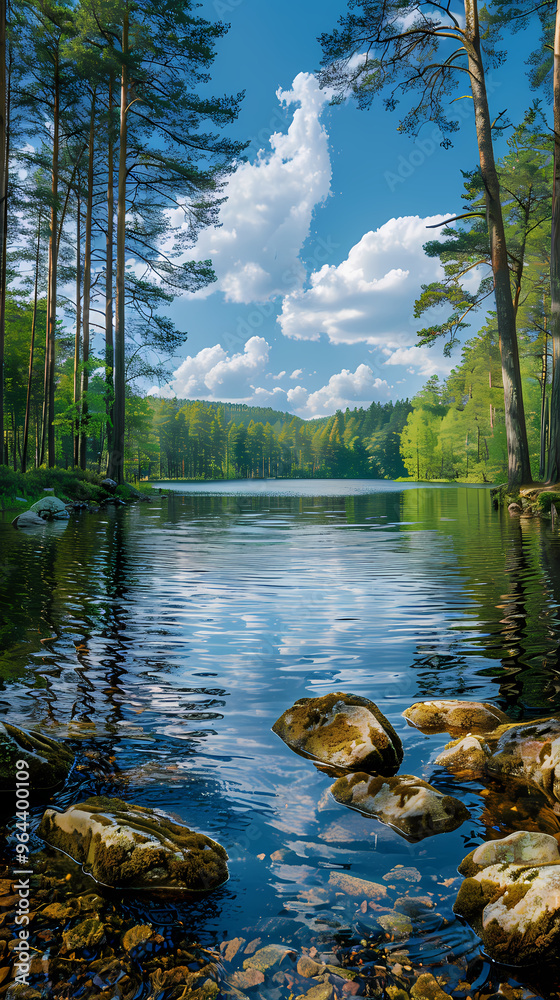 Naklejka premium A summer landscape with a small lake in a forest