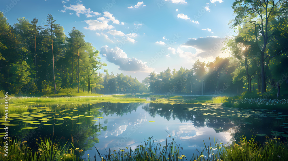 Fototapeta premium A summer landscape with a small lake in a forest