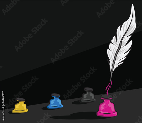 White feather quill pen dipping into magenta inkwell with cyan, yellow, and black ink nearby
