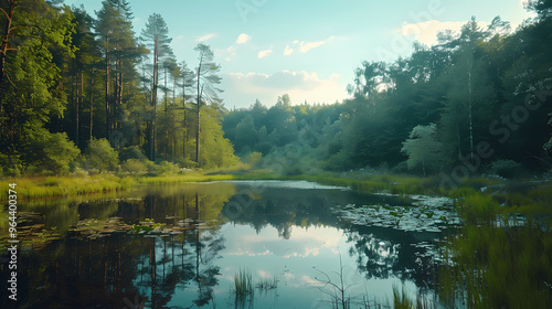 A summer landscape with a small lake in a forest