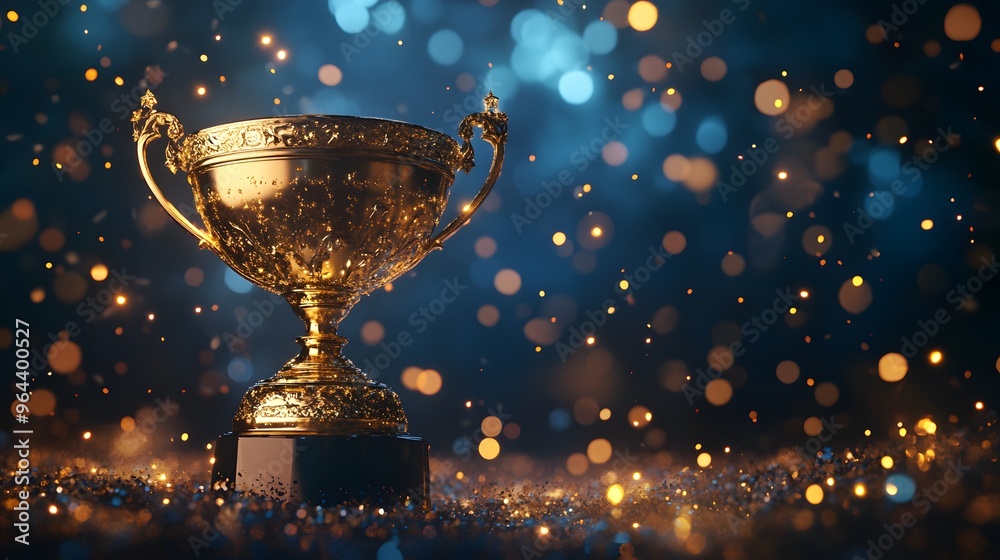 Golden trophy on blue background, sparkling stars and glitter, magical atmosphere, left side blank for copy space, celebratory mood, achievement concept, luxurious award, shimmering particles. Golden trophy on blue background, sparkling stars and glitter, magical atmosphere, left side blank for copy space, celebratory mood, achievement concept, luxurious award, shimmering particles.
