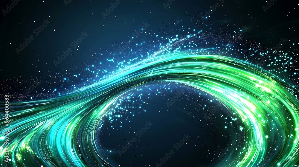 Obraz premium Glowing particles swirl amidst green and blue light, creating an abstract dance of color.
