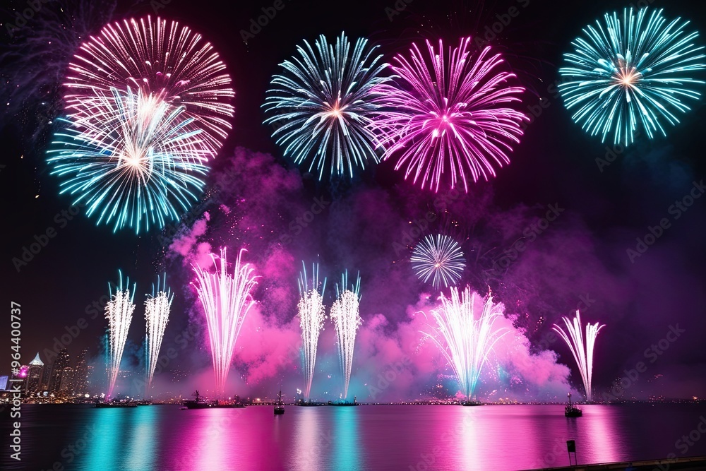 Vibrant Aqua and Magenta Fireworks Sparkling for a Colorful New Year's Eve Celebration Vibrant Aqua and Magenta Fireworks Sparkling for a Colorful New Year's Eve Celebration