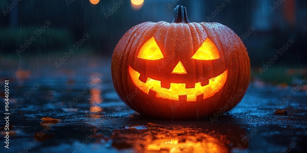 A glowing carved pumpkin with a classic jack-o'-lantern face sits on a wet surface during a rainy night, reflecting the Halloween mood A glowing carved pumpkin with a classic jack-o'-lantern face sits on a wet surface during a rainy night, reflecting the Halloween mood