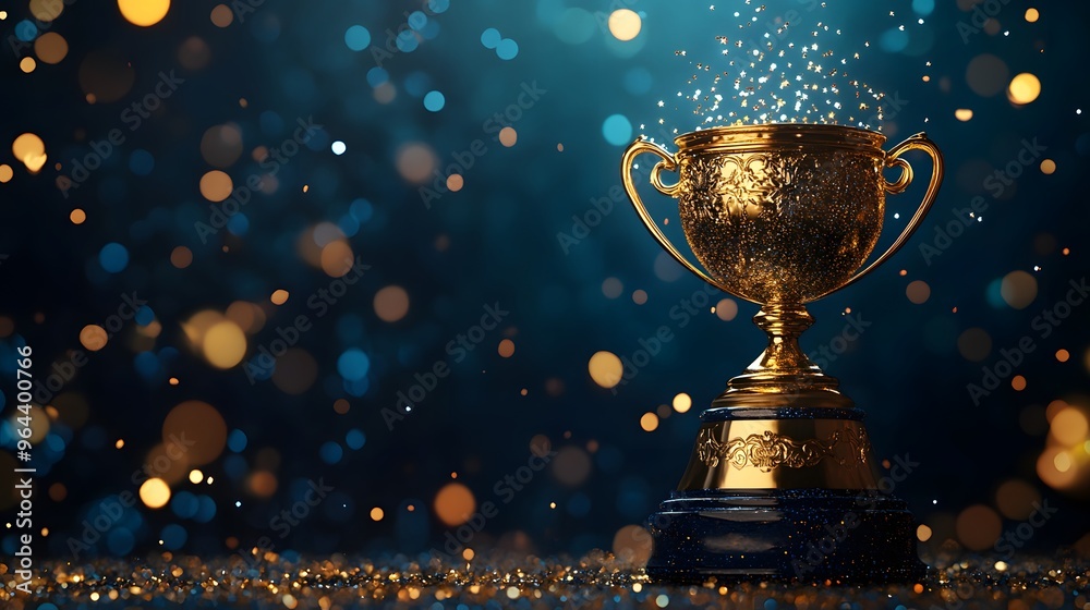 Golden trophy on blue background, sparkling stars and glitter, magical atmosphere, left side blank for copy space, celebratory mood, achievement concept, luxurious award, shimmering particles.